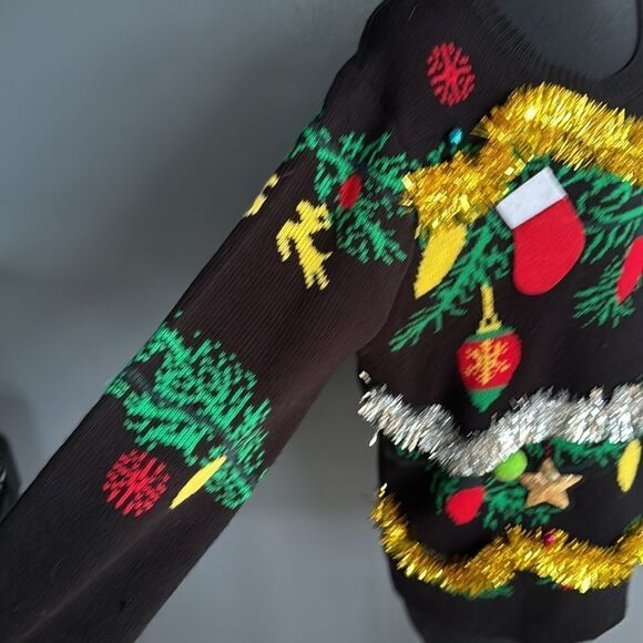 No Boundaries black tinsel/pom pom/sequin/bell applique Christmas sweater. - Picture 4 of 6